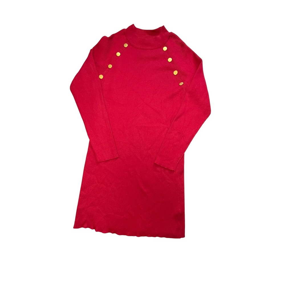 BCX Dress Womens XL Red Ribbed Knit Mock Neck Gold Button Shoulder Sweater Dress